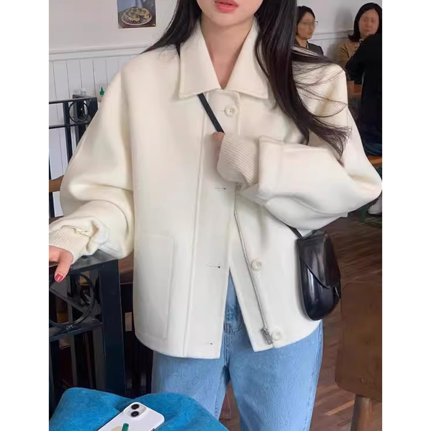 高级感单排扣拉链式短款毛呢外套女2025冬季新款纯色宽松口袋上衣