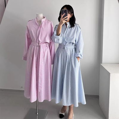 系带收腰显瘦条纹衬衫连衣裙长裙