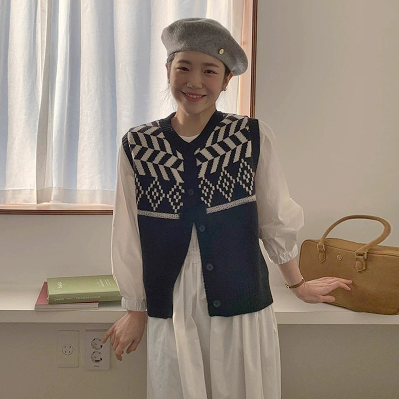 复古拼色花纹针织衫马甲背心