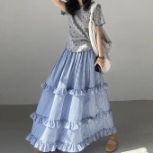 韩国chic春季 田园风松紧腰百搭拼接荷叶边格子蛋糕裙半身裙女 法式