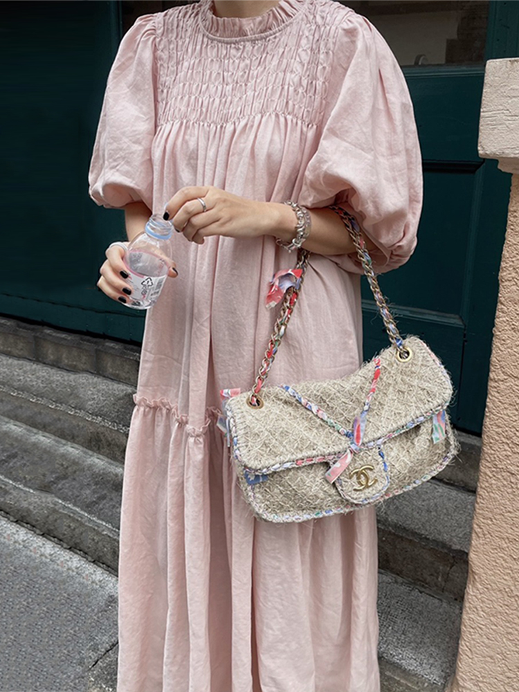 褶皱宽松休闲木耳边短袖连衣裙