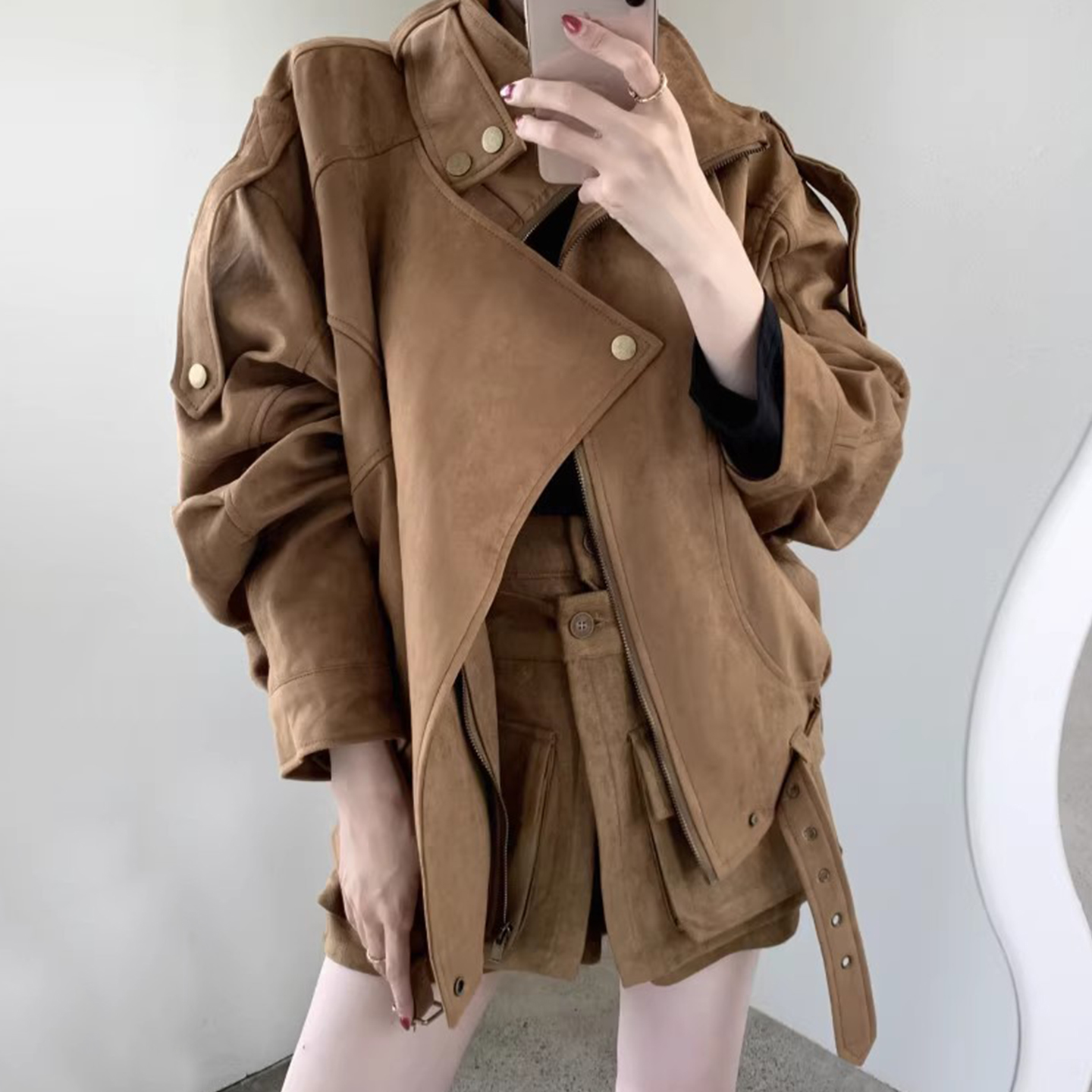 美拉德立领百搭麂皮绒机车服外套