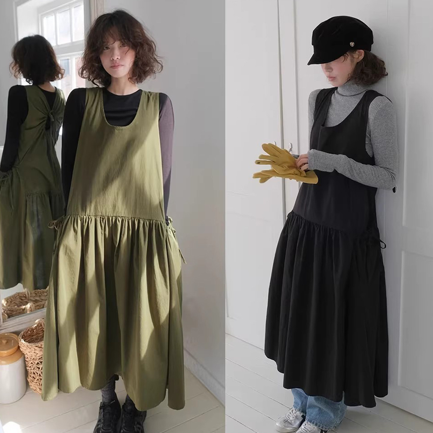复古小众纯色圆领无袖压褶连衣裙女早春新款宽松百搭小个子直筒裙,女装/女士精品,连衣裙,淘宝优惠券,粉丝福利购,淘宝优惠卷