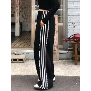 长裤 韩国chic春季 复古减龄松紧腰侧边蕾丝花边设计感宽松休闲卫裤