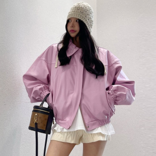 韩国chic秋冬法式 外套女 减龄翻领后背字母提花百搭夹棉PU皮衣长袖