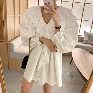 新款 良良家 优雅气质蕾丝花边拼接衬衫 女早春季 上衣 荷叶边泡泡袖