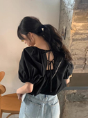 衬衫 设计感圆领露背系带宽松休闲百搭泡泡袖 上衣 法式 韩国chic夏季