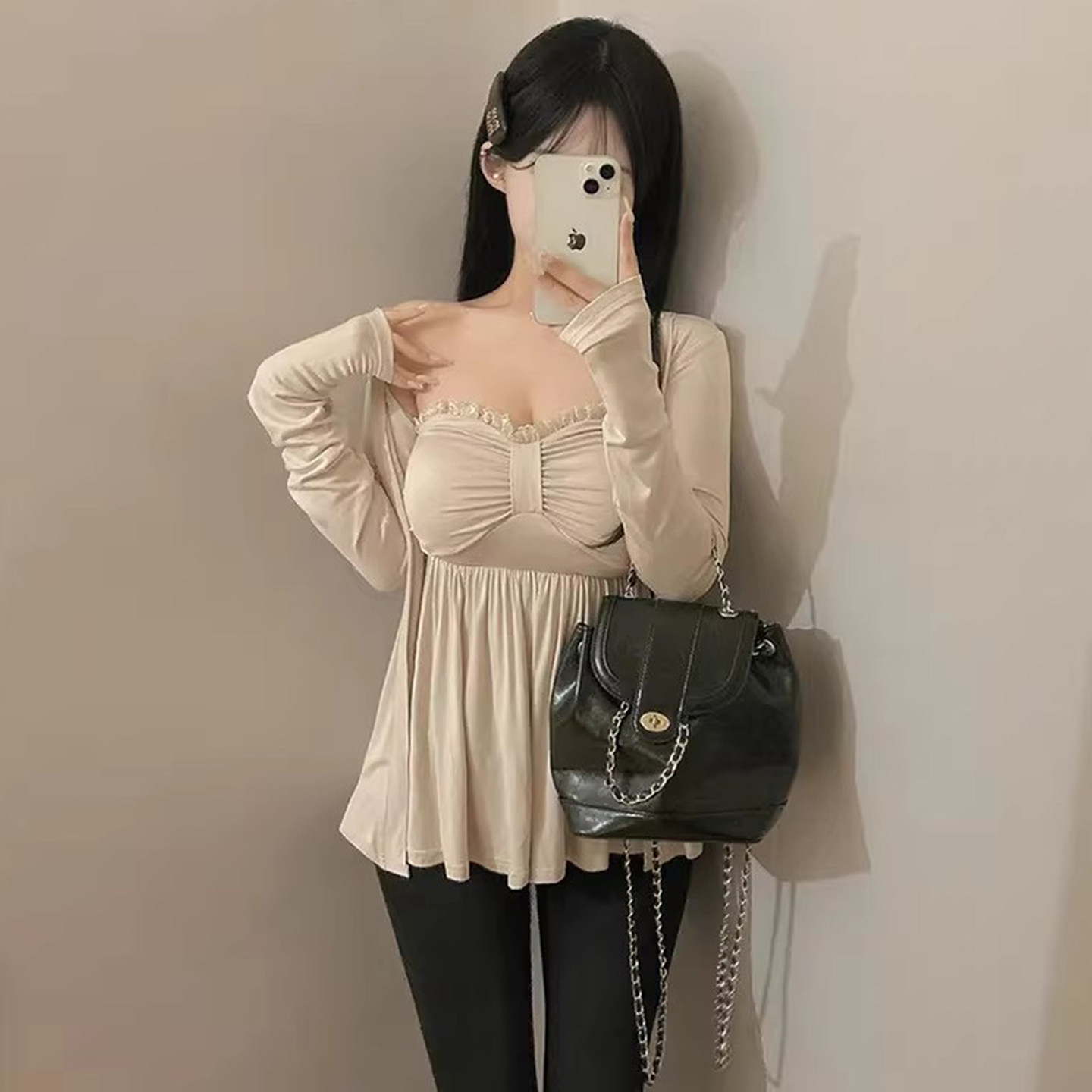 时尚套装纯色花边抹胸背心上衣女早春新款百搭长袖开衫外套两件套,女装/女士精品,时尚套装,淘宝优惠券,粉丝福利购,淘宝优惠卷