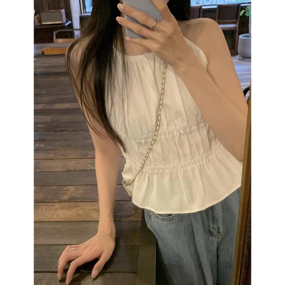 小众挂脖褶皱背心衬衫
