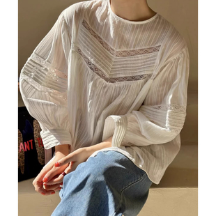 良良家 法式重工蕾丝花边镂空衬衫女春季新款气质圆领泡泡袖上衣