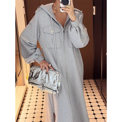 优雅气质双口袋连帽卫衣连衣裙
