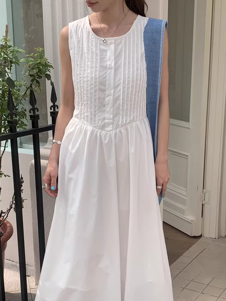 小排扣压褶设计中长款背心连衣裙