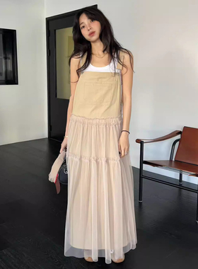 良良家 复古小众网纱拼接假两件连衣裙女春季新款纯色长款背带裙