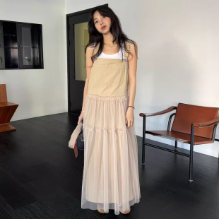 纯色长款 新款 背带裙 复古小众网纱拼接假两件连衣裙女春季 良良家