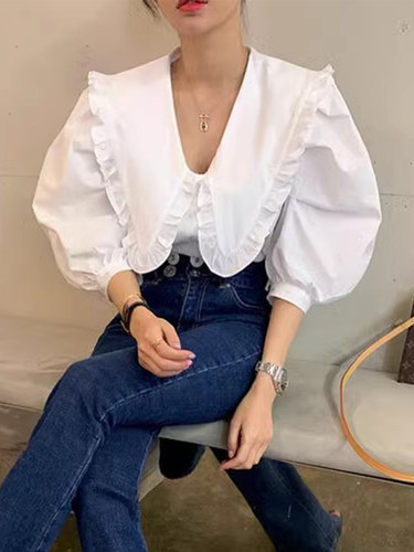 减龄气质娃娃领泡泡袖衬衫女