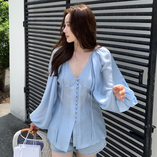 chicV领单排扣宽松泡泡袖衬衫女