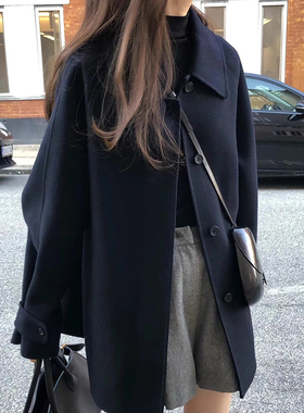 韩国chic冬季法式气质翻领单排扣宽松中长款百搭纯色长袖毛呢外套
