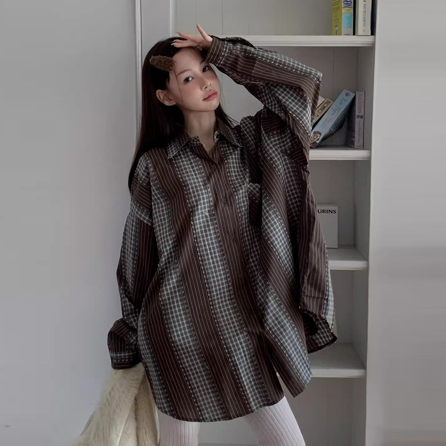 高级感翻领撞色拼接条纹衬衫外套女早春复古个性宽松百搭休闲上衣