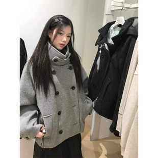 良良家学院风立领连帽毛呢外套女冬季新款加厚保暖廓形呢子大衣