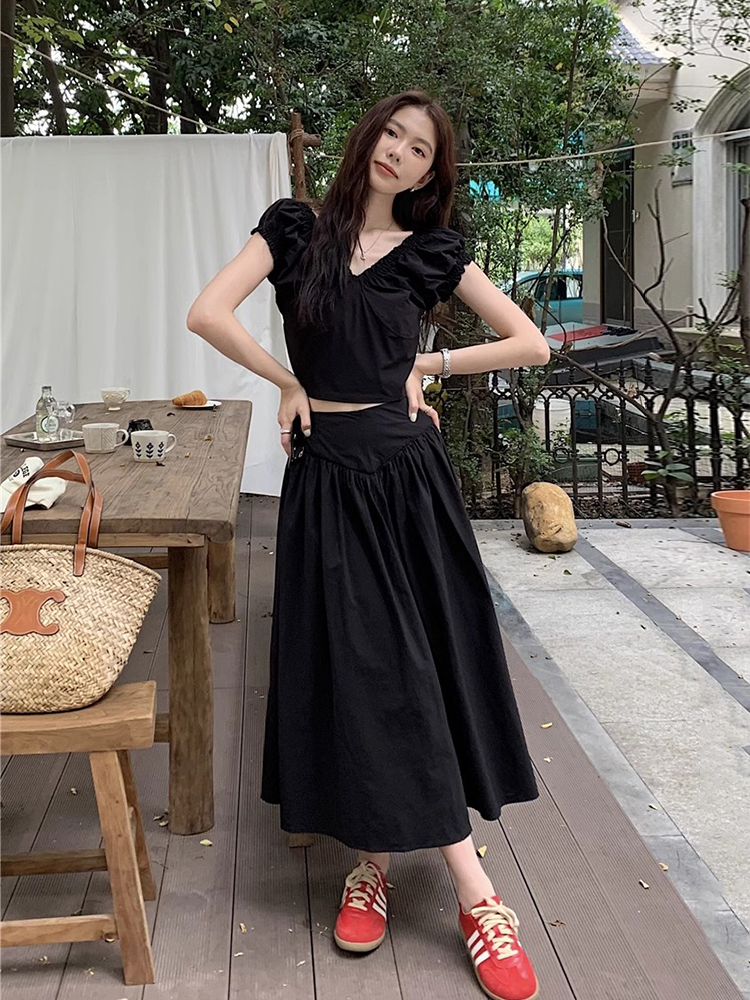 韩国chic夏季法式气质褶皱V领短款背心衬衫+高腰半身裙伞裙两件套