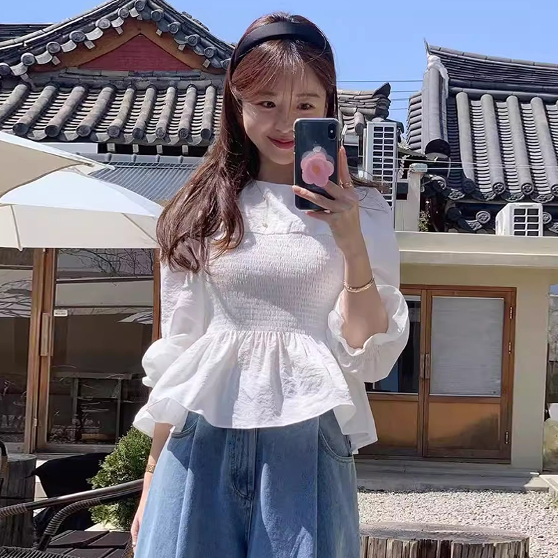 法式优雅风拼接荷叶边长袖衬衫