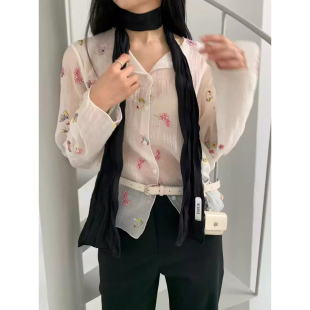 良良家温柔风碎花刺绣微透开衫长袖上衣女夏季新款独特薄款雪纺衫
