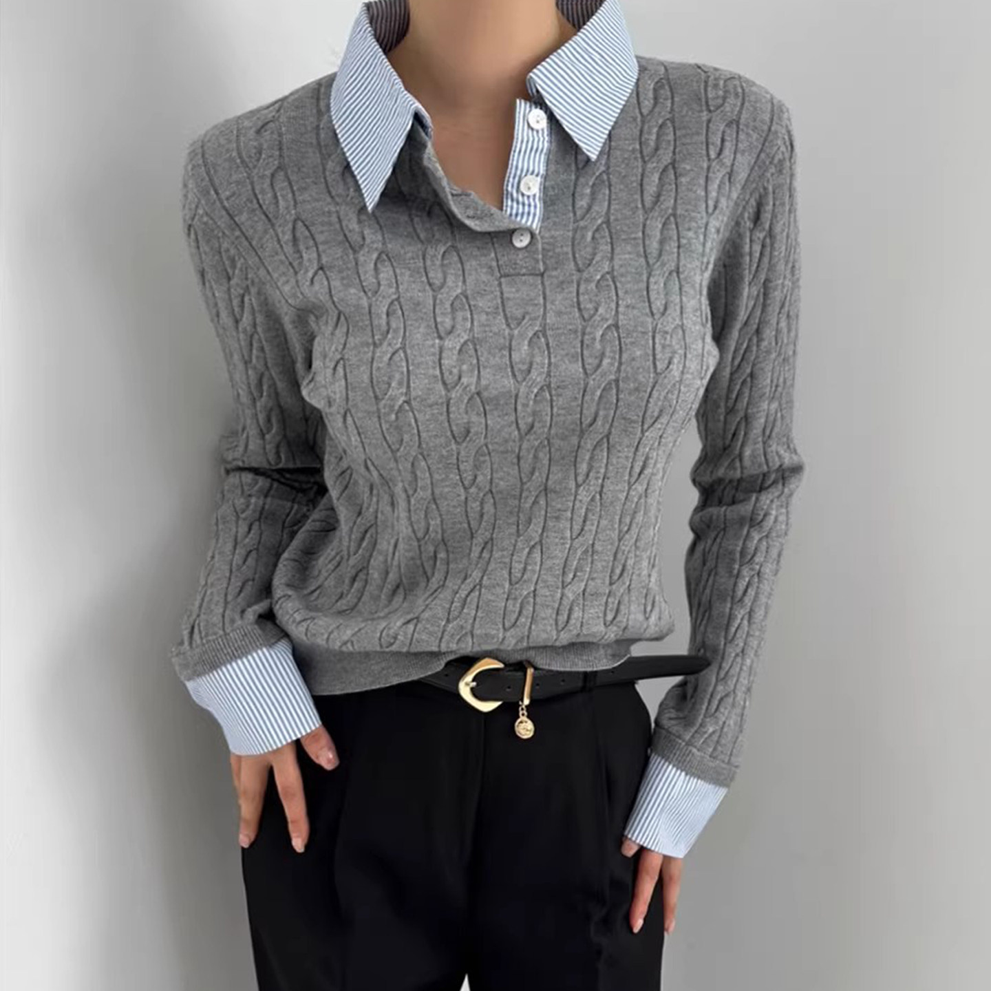 学院风麻花条纹翻领假两件长袖针织衫女早春新款修身百搭套头毛衣