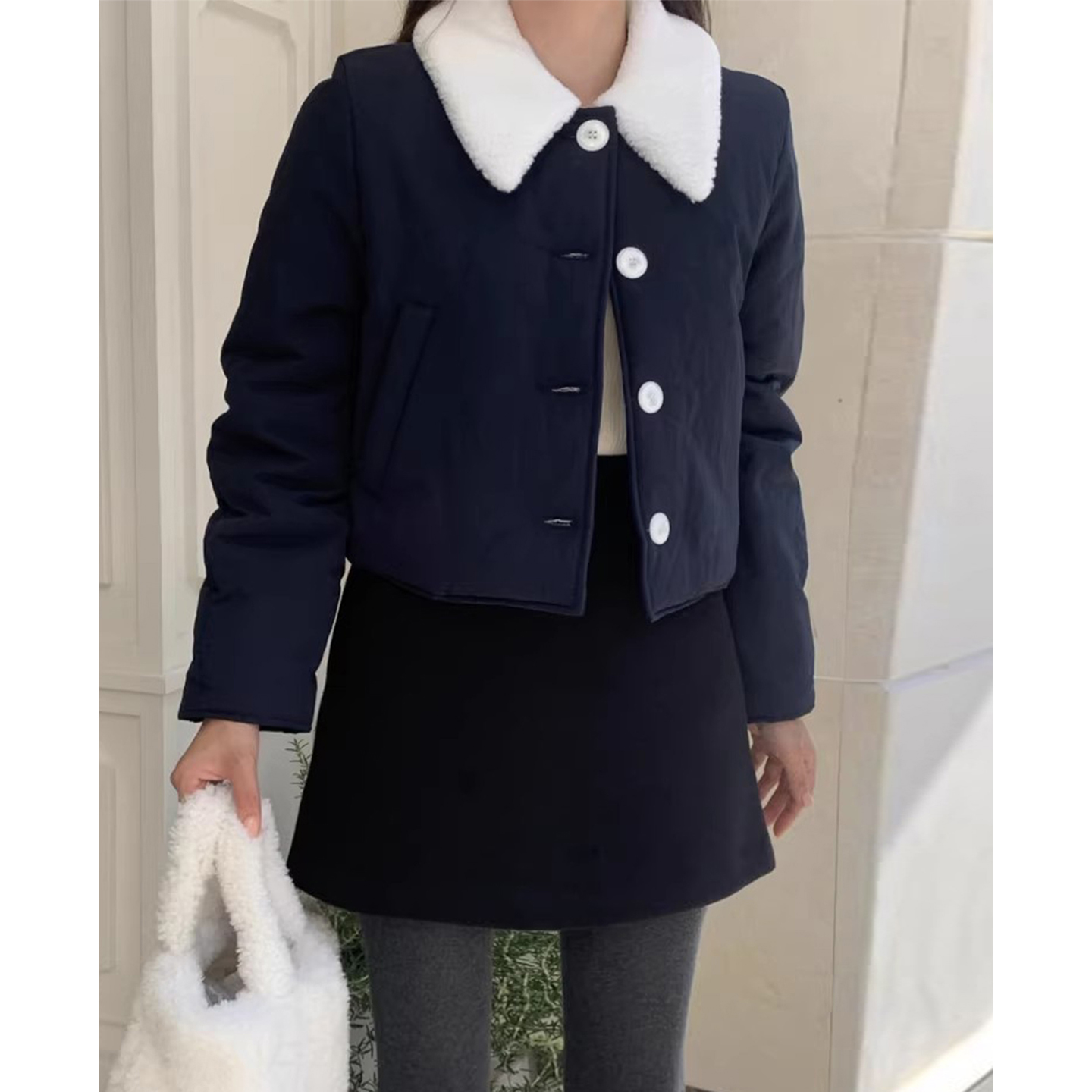 撞色毛毛翻领百搭短款棉服外套