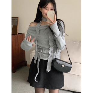 显瘦百搭露肩长袖 减龄一字领挂脖飘带修身 T恤女 法式 韩国chic春季