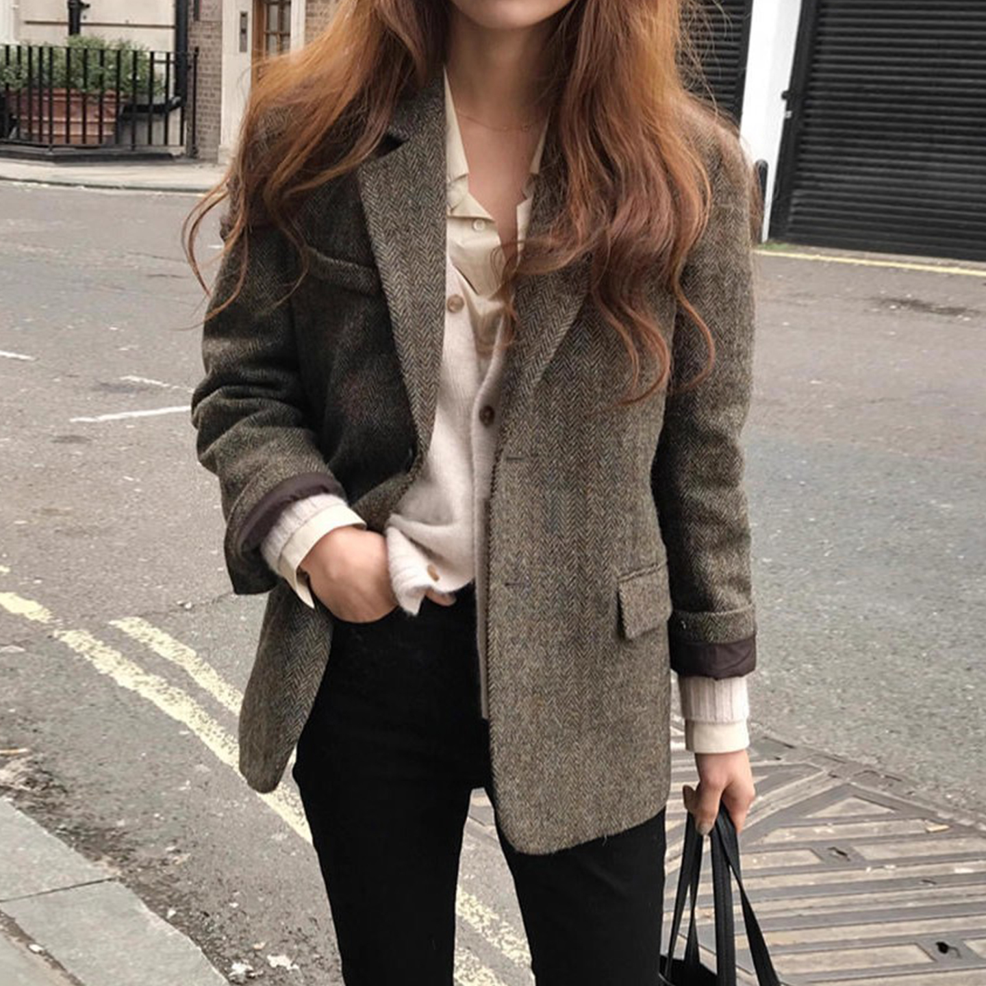 复古人字纹宽松呢子西装短外套