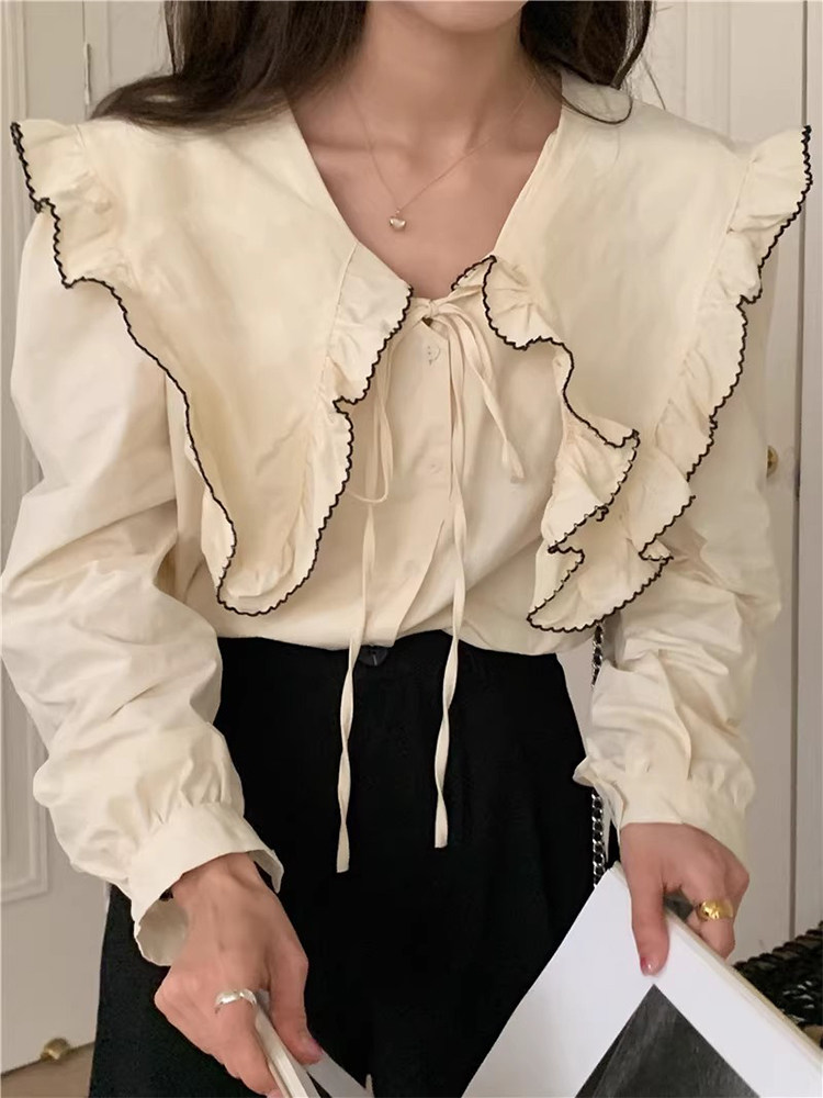 韩国chic春季新款甜美减龄重工木耳边撞色大翻领系带泡泡袖衬衫女
