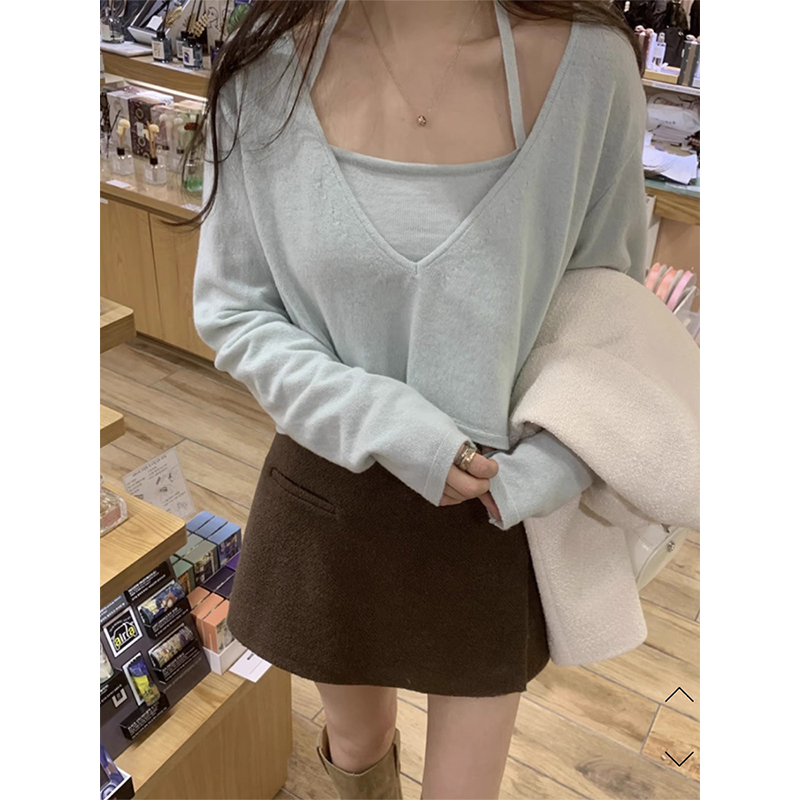 韩国chic春季新款简约百搭深V领长袖针织衫+吊带背心两件套装女