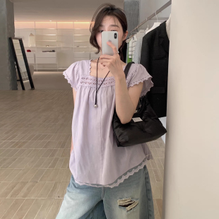 新款 女夏季 别致独特蕾丝镂空上衣 衬衫 良良家温柔风小方领纯色短袖