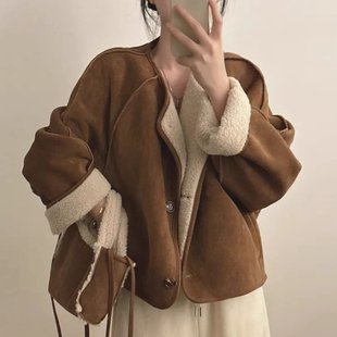 棉服上衣 宽松保暖长袖 复古皮毛一体拼接羊羔毛外套女2025冬季 新款