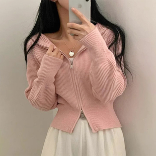 韩国chic秋冬简约百搭双头拉链连帽设计坑条收腰长袖 针织毛衣外套