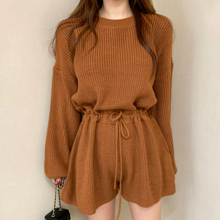 Korean Chic Autumn Niche Retro Round Neck Drawstring Waist-Cinching Long-Sleeve Knit Wide-Leg Jumpsuit Shorts for Women