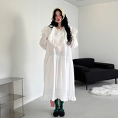 温柔风荷叶领拼接蕾丝花边宽松系带长袖 韩国chic春季 法式 连衣裙女