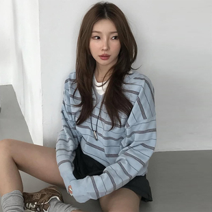 竖条纹针织衫 韩国chic秋季 学院风V领软糯休闲百搭长袖 法式 女 新款