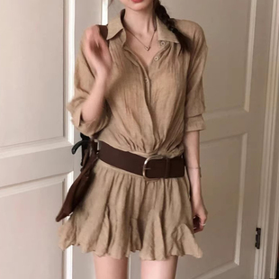 良良家复古简约polo领假两件百褶连衣裙女早秋新款 短裙 收腰衬衫 式
