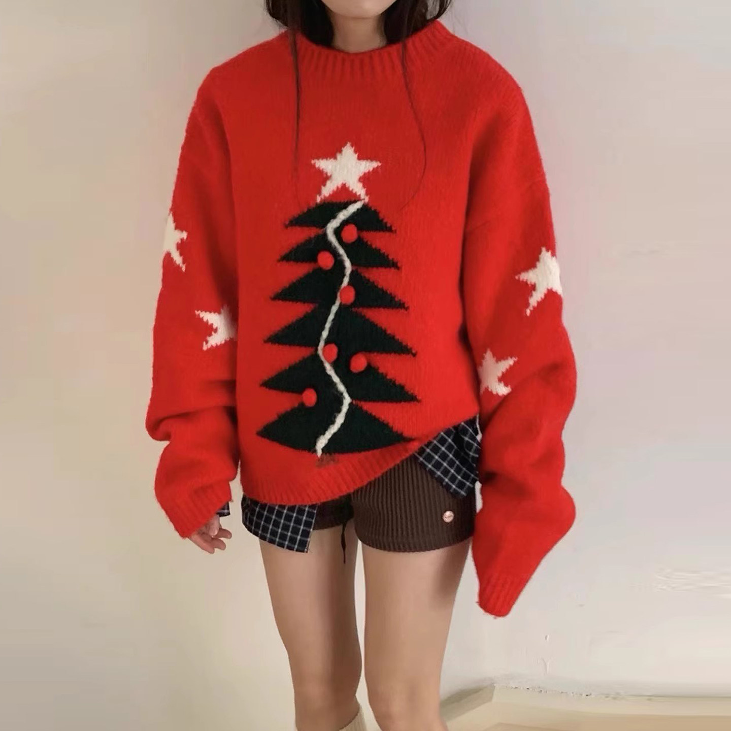 复古圣诞树提花百搭针织衫毛衣