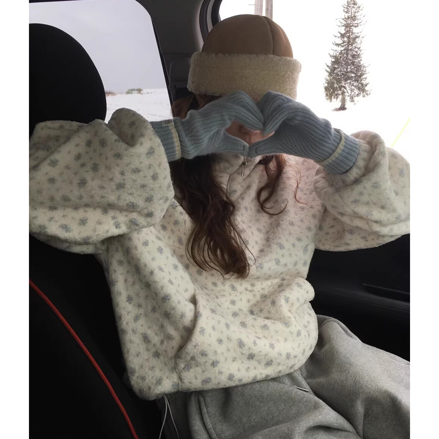 甜美小清新立领大口袋碎花卫衣女2025冬季新款抽绳百搭羊羔毛外套