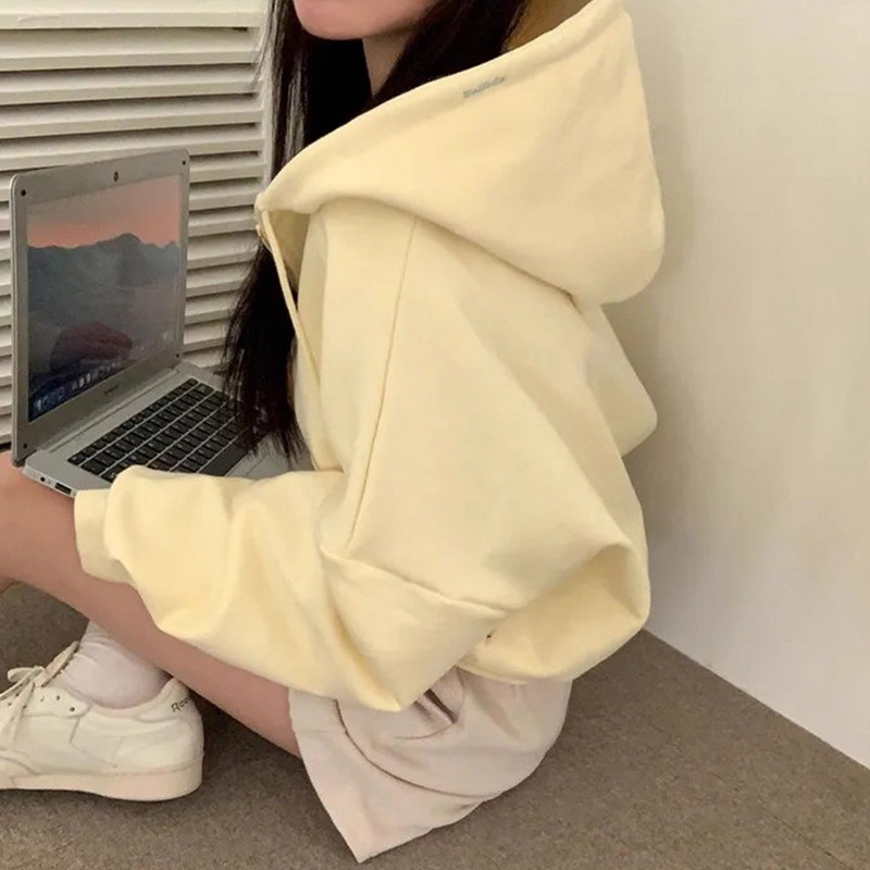 韩国chic秋季新款小众慵懒风双拉链宽松休闲短款连帽式卫衣外套女,女装/女士精品,卫衣/绒衫,淘宝优惠券,粉丝福利购,淘宝优惠卷