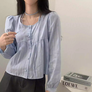 新款 女早春季 宽松百搭上衣 衬衫 甜美减龄挂脖飘带圆领单排扣长袖