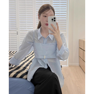 吊带衫 良良家设计感小众条纹防晒衬衫 后背系带叠穿短款 新款 女夏季