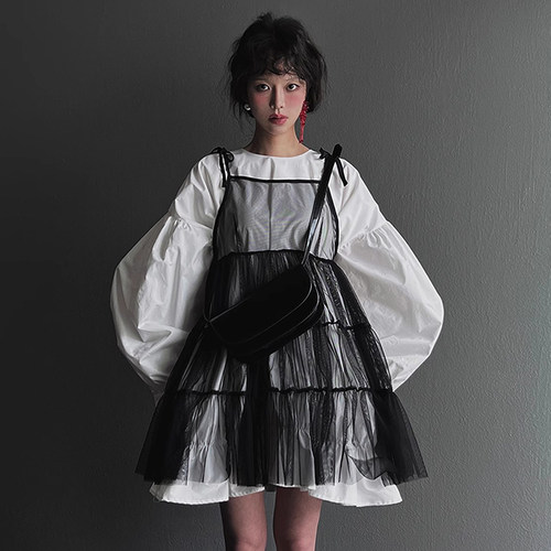 灯笼袖衬衫连衣裙+网纱吊带裙