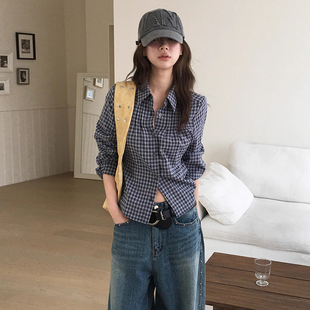 韩国chic秋季新款小众复古翻领收腰显瘦百搭小个子长袖格子衬衫女