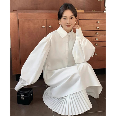 拼接百褶不规则衬衫连衣裙长裙