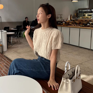 针织衫 高级感麻花纹外穿软糯百搭短袖 毛衣女 法式 韩国chic早秋新款