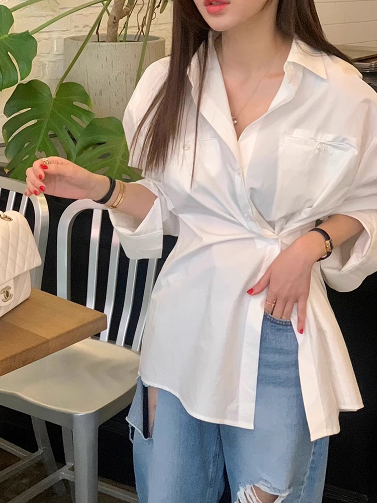不规则系扣设计收腰百搭长袖衬衫
