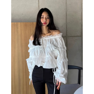 女 衬衫 韩国chic春季 甜美气质一字领露锁骨蕾丝边拼接百搭系带长袖